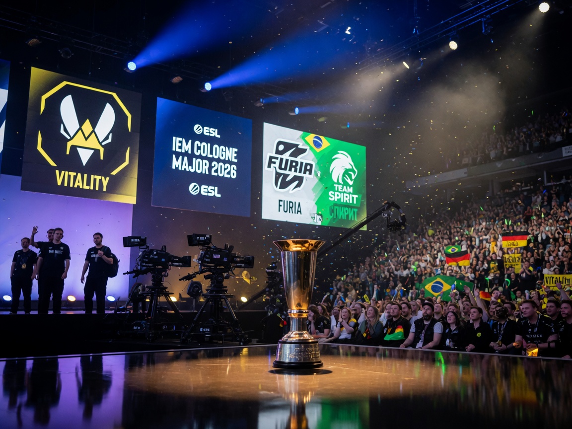 A packed LANXESS Arena in Cologne with a gleaming trophy at center stage, blue